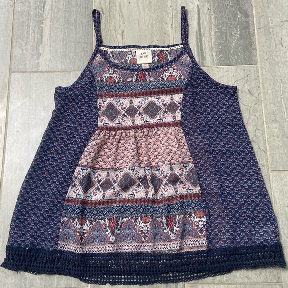 Knox Rose Floral Oversized Flowy Spaghetti Strap Blouse Navy Crochet Hem Small - Picture 1 of 10